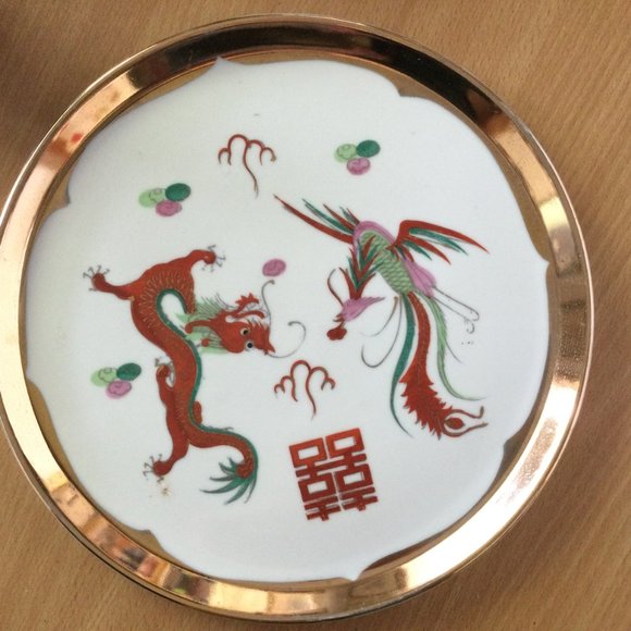 Vintage Chinese porcelain tea tray plate dragon phoenix double happiness 10" - Picture 5 of 6